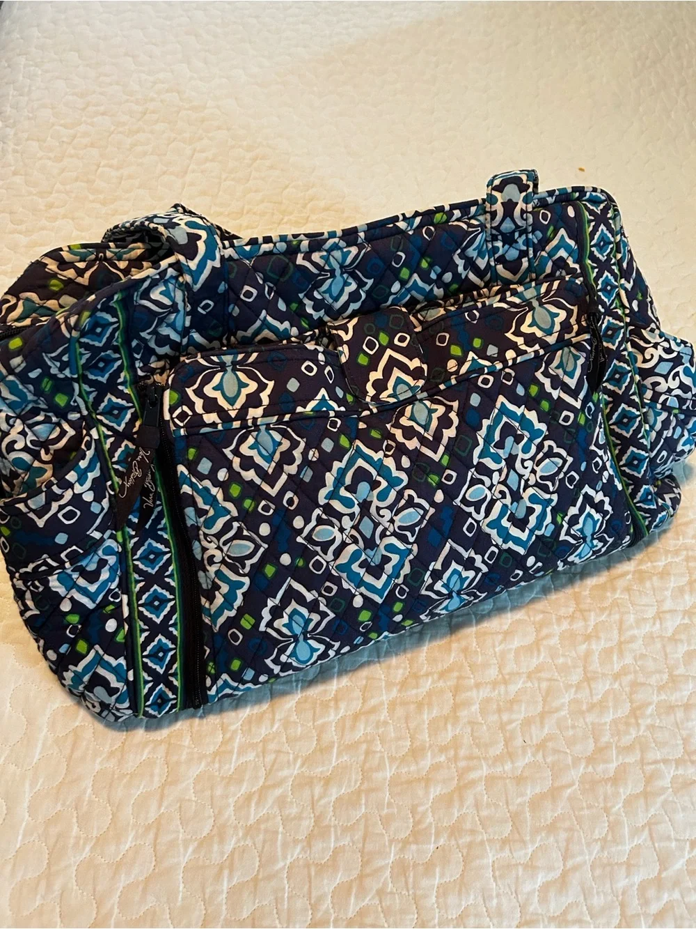 Vera Bradley Diaper Bag Quilted Patterned Women's Tote Bag in Navy, Teal & White